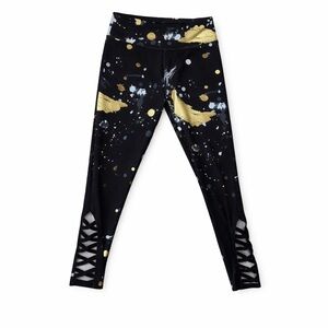 Justice Girls Black Gold Splatter Athletic Leggings Lattice Hem Size 7/8
